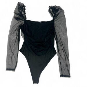 Black Sheer Mesh Ruffle Sleeve Long Sleeve Bodysuit | Size XL